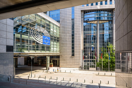 Brussels, Belgium - April 19, 2019: The Paul-Henri Spaak building, seat of the European Parliament hemicycle, is part of a complex of parliament buildings called the Espace Leopold.