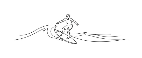 Obraz premium Wave Surfing Scene. Minimalistic one-line drawing individual maintaining balance while gliding over the water waves, continuous single black line on white