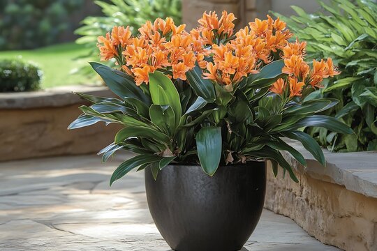 flowering clivia plant with orange blooms