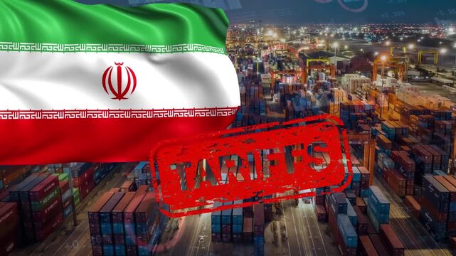The Iranian Flag Over a Busy Container Port with a Red "Tariffs" Stamp Illustrating Trade Barriers. These are punitive tariffs imposed on key industries or product lines.