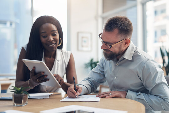 Reading, writing and people with tablet in startup, budget review or internal audit for financial records. Smile, accounting team and bank statement for cash flow accuracy, tech and tax compliance