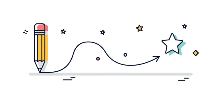 Trace line drawing concept a single curved path leading from a pencil tip to a simple star symbol, expressing the idea of following a mark or recreating a