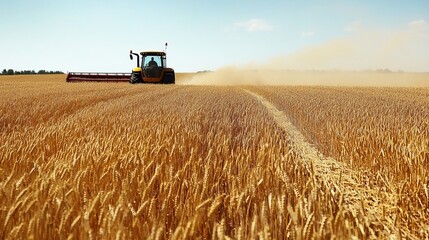 Fototapeta premium Wheat Field Harvest Machinery Working Efficiently, Collecting Golden Grains Under a Bright Sunny Sky