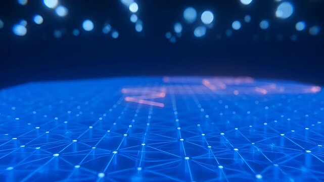 Futuristic digital network grid glowing blue with interconnected nodes and blurred lights conveying innovation and connectivity abstract technology background inspiring progress and intelligence blue