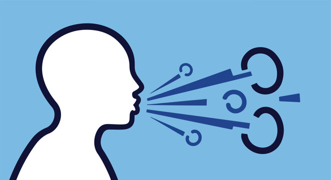 Stylized profile of a person exhaling, emitting blue stylized air particles