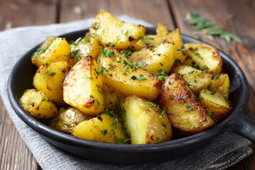 Crispy roasted potatoes on a black dish on a wooden table with herbs on a gray cloth