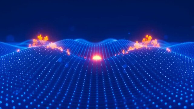 Digital data landscape glowing blue grid node network connection with orange nodes flowing particle dots and hotspots forming abstract futuristic hills and wave motion energy