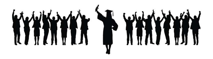 Obraz premium Silhouette of young woman in graduation cap and gown raising diploma success in front of crowd group of college friends.