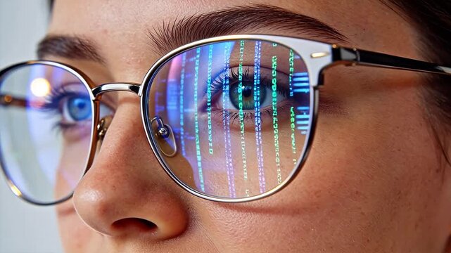 Closeup of a person wearing glasses with digital display