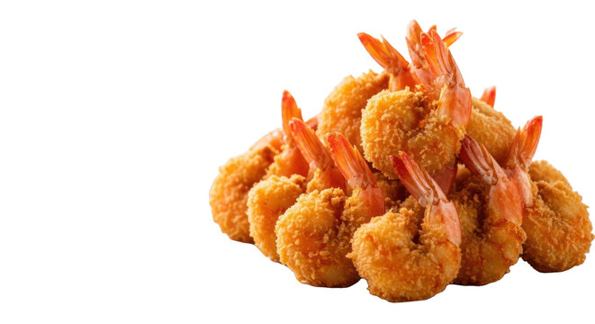Golden-brown, crispy fried ebi fry shrimp with vibrant red tails, hyper-detailed texture, on a simple white dish against a bright white bokeh background, concept for gourmet food advertising