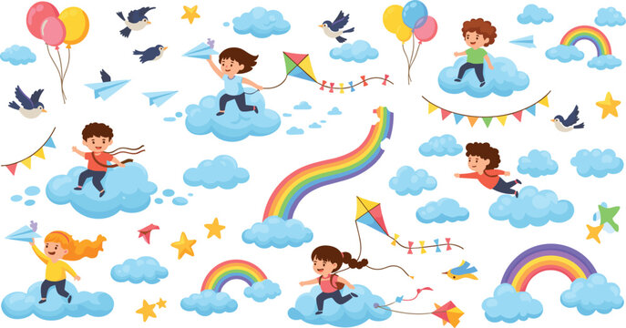 Kids flying on clouds with rainbows, kites and birds, dreamy sky adventure seamless pattern, playful children fantasy cartoon vector illustration