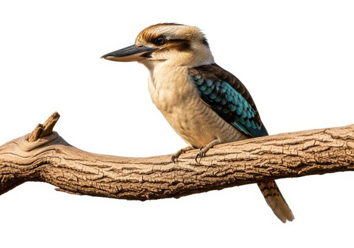 Laughing kookaburra perched on a tree branch isolated on white background