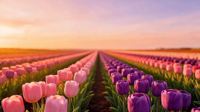 Rows of pink and purple tulips in a field