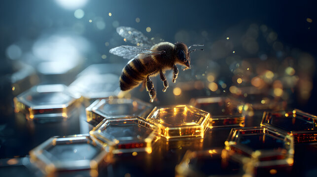 A delicate bumblebee hovering over glowing geometric honeycomb structures with a medicinal aura.