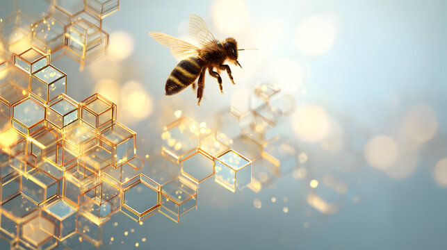 A delicate bumblebee hovering over glowing geometric honeycomb structures with a medicinal aura.