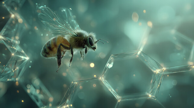 A delicate bumblebee hovering over glowing geometric honeycomb structures with a medicinal aura.