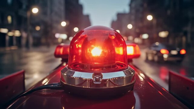 Red emergency light flashing on a vehicle at night. Hyper-lapse of city traffic in the background. Police, fire, or ambulance response concept