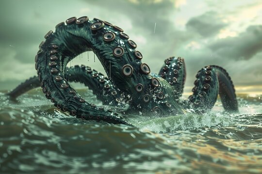 Scary sea monster in dark depths of deep blue ocean