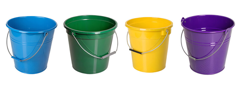 colorful plastic buckets isolated on white background