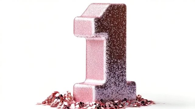 A pink number one decoration is placed on a table. Glitter shines on the number as colorful confetti surrounds it. This is for a first birthday party setup