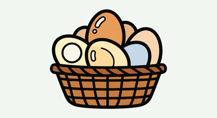 A woven basket overflows with an assortment of pastel-colored eggs, some with playful highlights
