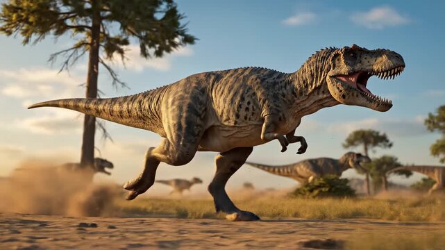 Tyrannosaurus rex dinosaurs running across a prehistoric landscape. CGI animation of ancient predators in action. Wildlife and nature concept
