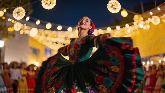 Young Hispanic woman performing a traditional Mexican folk dance. Vibrant green embroidered dress with flowers. Cultural celebration and festive evening event