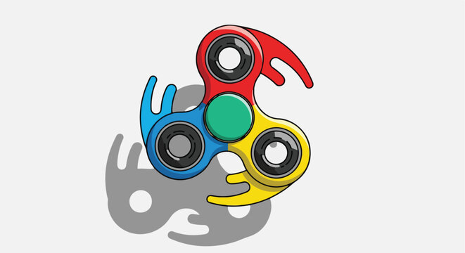 A brightly colored three-pronged fidget spinner toy with a circular shadow