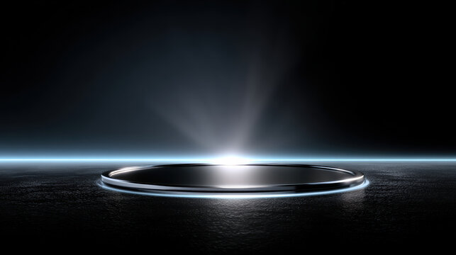Futuristic circular platform with glowing edge on dark reflective surface, illuminated by dramatic light beam, modern sci fi atmosphere