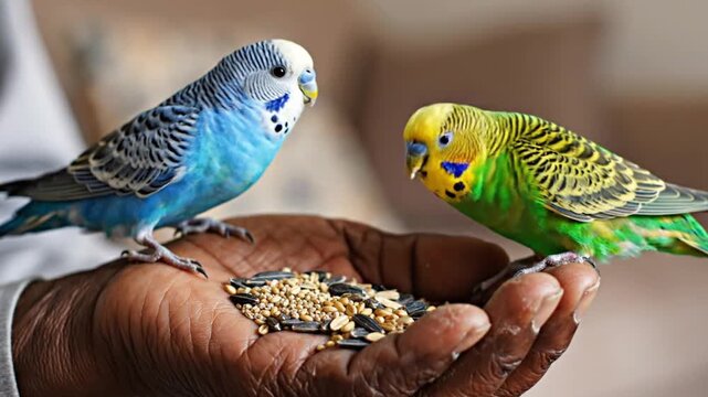 Colorful parakeets eating from hand.