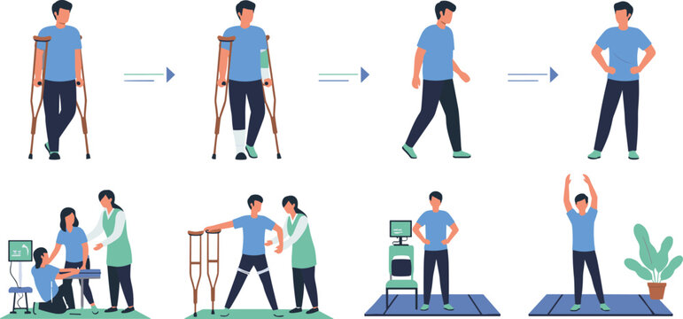 Rehabilitation and recovery process set with man using crutches, physiotherapy and exercises cartoon vector illustration