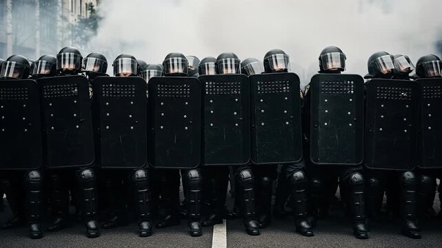 Line of anonymous riot police officers wearing black tactical gear and helmets standing behind tall protective shields in a street surrounded by heavy thick white smoke during violent urban protests