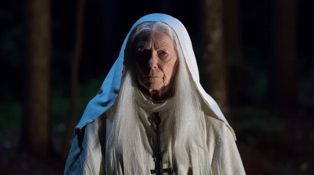 Stern senior woman in a hooded robe with a cross in a dark forest at night. Priestess