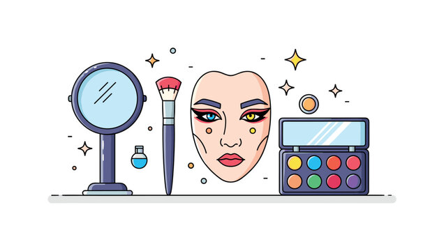Cosplay makeup tutorial character inspired makeup look with a mirror, brush, and colorful makeup palette while a face illustration shows dramatic eyeliner and