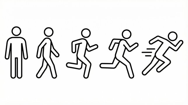 A minimalist sequence of five stick‑figure icons showing progression from standing still to walking, jogging, and running with speed.