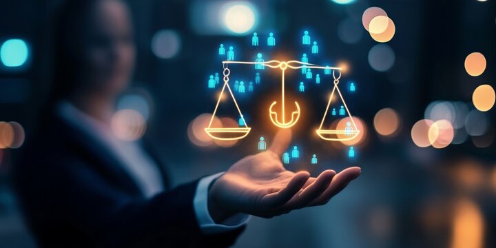 Digital Law Lawyer with Glowing Scales of Justice in City Lights, Symbolizing Fairness