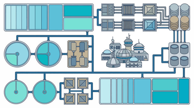 A complex flowchart with various industrial and architectural elements.