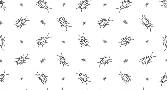 Seamless cockroach pattern with hand drawn insects, black and white bug repeat design, minimal pest illustration vector background