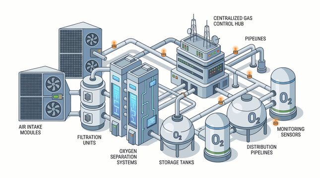 Industrial oxygen gas production process diagram.