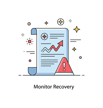 Post procedure complication monitoring illustration centered on a medical chart with a rising alert symbol, representing follow up and observation. A concise