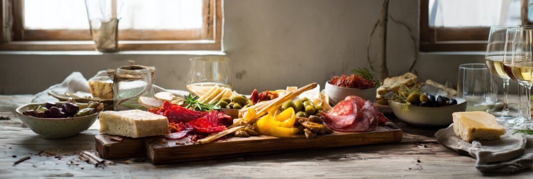 Authentic Italian Aperitivo Board With Artisanal Salumi Cheeses And Marinated Vegetables On Rustic Wooden Table Contemporary Food Styling