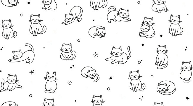 Seamless cute cat doodle pattern with hand drawn kittens in playful poses, black and white minimal pet background vector illustration