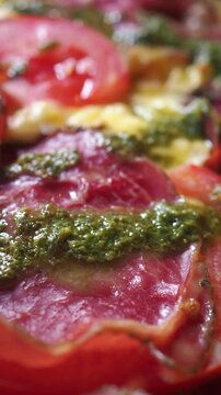 Closeup of sausage omlet on a plate 