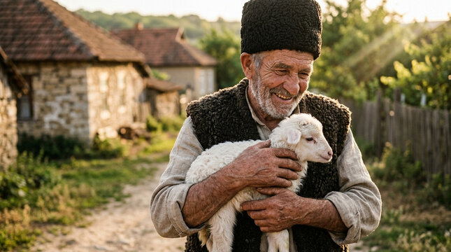 Authentic Balkan Shepherd in Traditional Clothing with Young Lamb - Sustainable Farming and Heritage