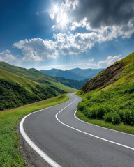 Obraz premium Curved asphalt road mountain green hill blue sky sunlight summer scenic landscape outdoor travel