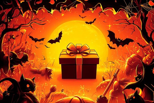 Create your festive Halloween messages with this vibrant holiday card design featuring themed decorations