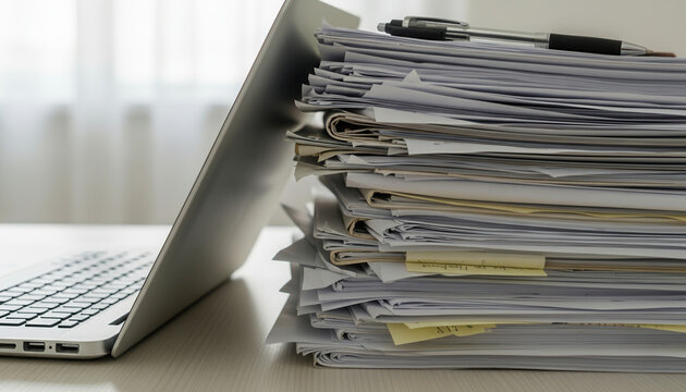 Huge stack of paper documents and folders on office desk next to laptop. Concept of bureaucracy, paperwork, workload and accounting. Business archive and tax reports. Stressful work office.