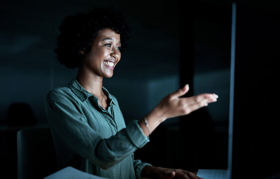 Night, business or woman with computer for video call, communication or update for article. Smile, journalist or person in online meeting with tech, point or planning for column on deadline in office