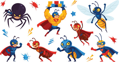 Superhero insects collection with ants bees and spider characters in action poses, cute cartoon fantasy heroes flat vector illustration set for kids design © MdNazmul
