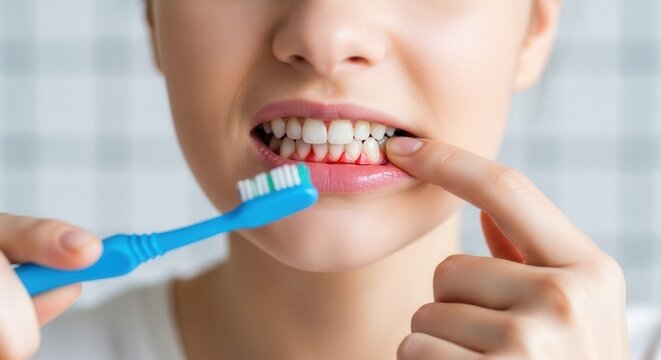 Young woman pointing at bleeding gums while holding toothbrush in bathroom. Dental care, gingivitis symptoms, oral hygiene problems and dentistry treatment. Healthcare and morning routine.